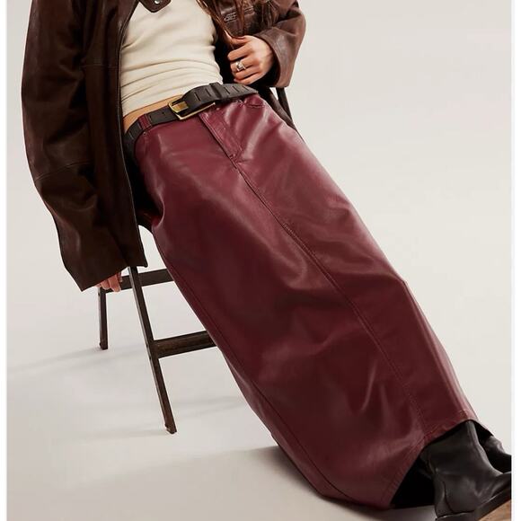 Free People Women's City Slicker Vegan Maxi Skirt Buegundy Red Color Sz 6 - Picture 1 of 12